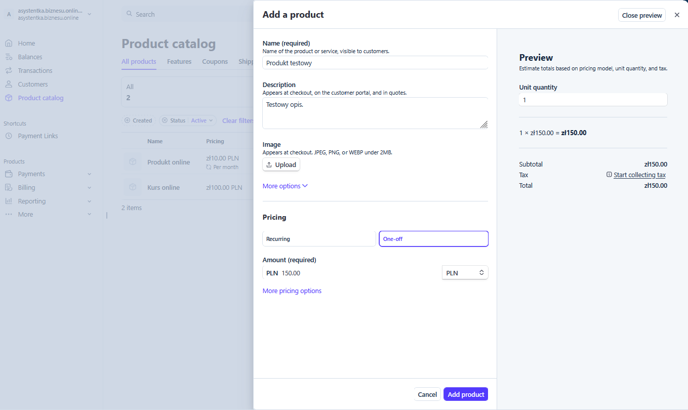 tworzenie produktu w Stripe panel