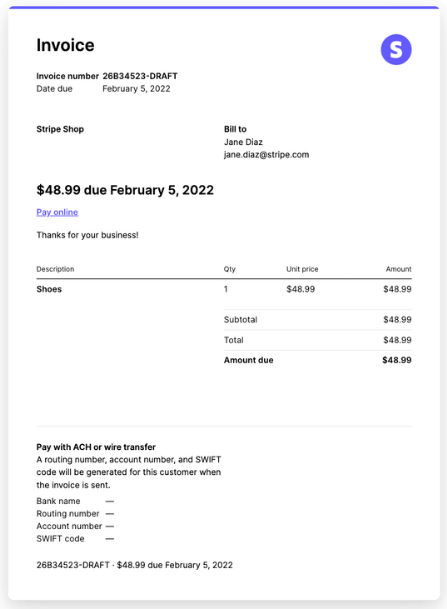 Stripe Invoice – przykład dokumentu sprzedaży generowanego przez Stripe.