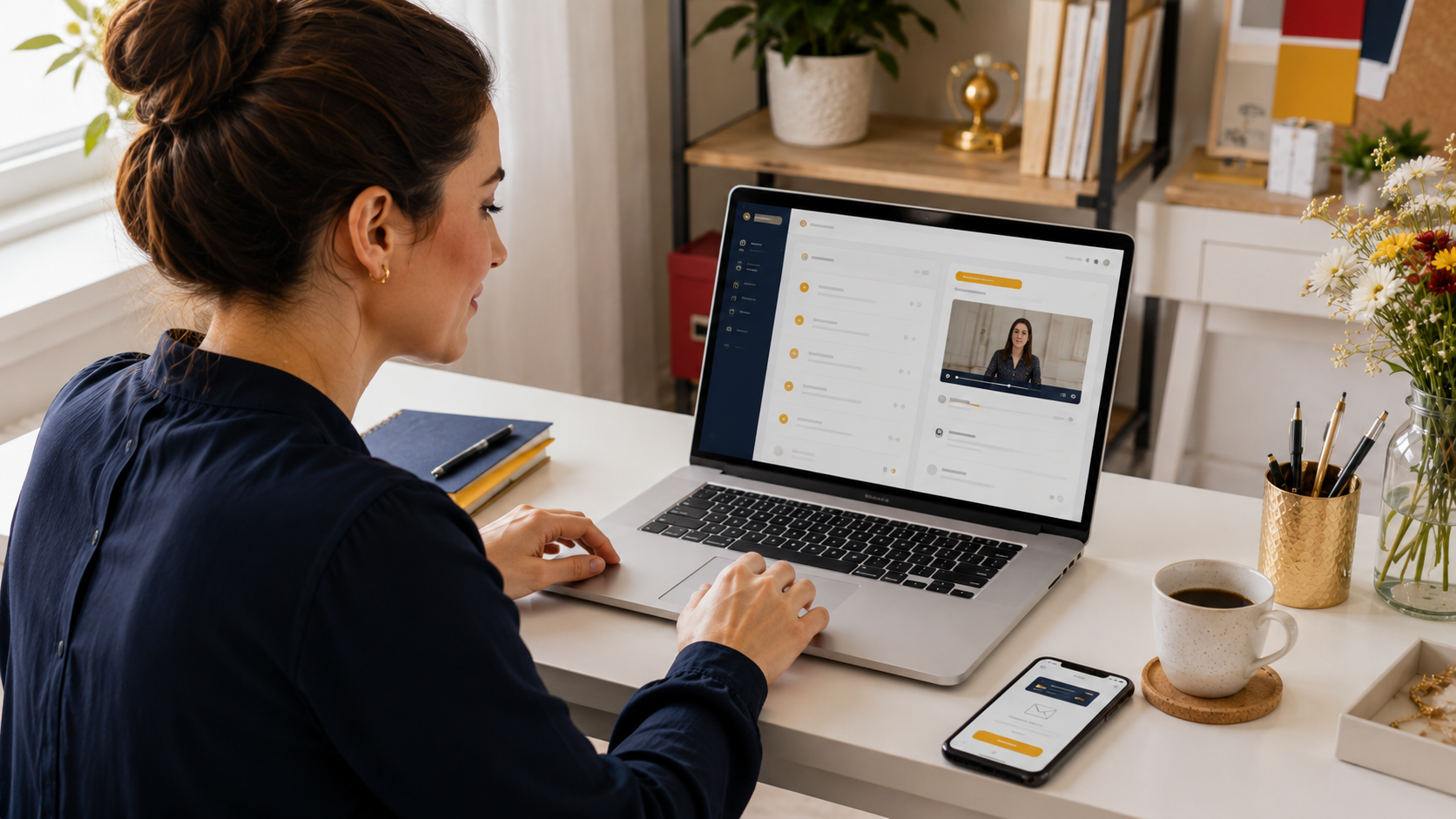 Kobieta sprawdza konto testowe i dostęp do kursu online na laptopie i telefonie.