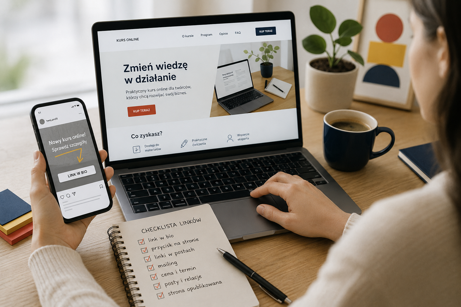 Kobieta sprawdza linki prowadzące do strony sprzedażowej kursu online na laptopie i telefonie.