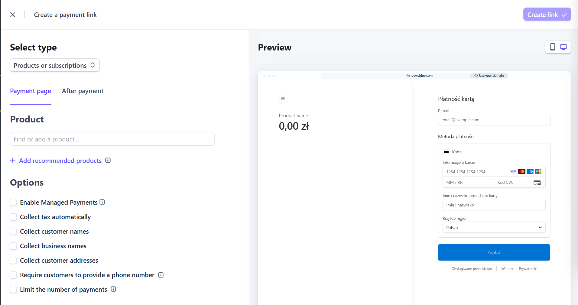 Tworzenie Payment Link w Stripe i wybór produktu do sprzedaży