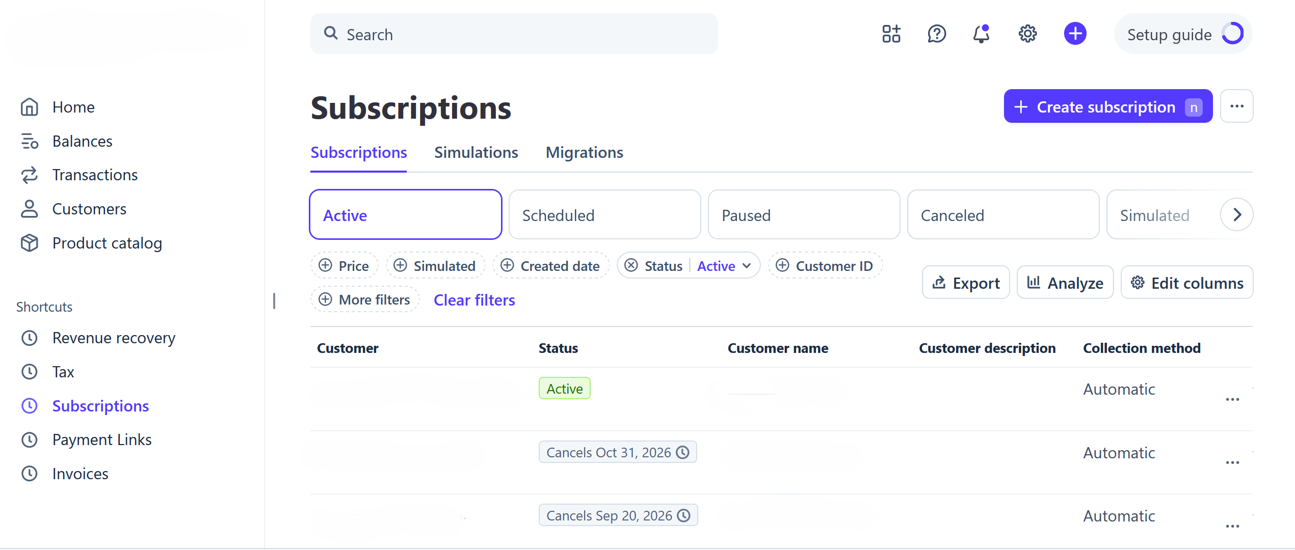 Sekcja Subscriptions w Stripe z przyciskiem Create subscription i listą istniejących subskrypcji.