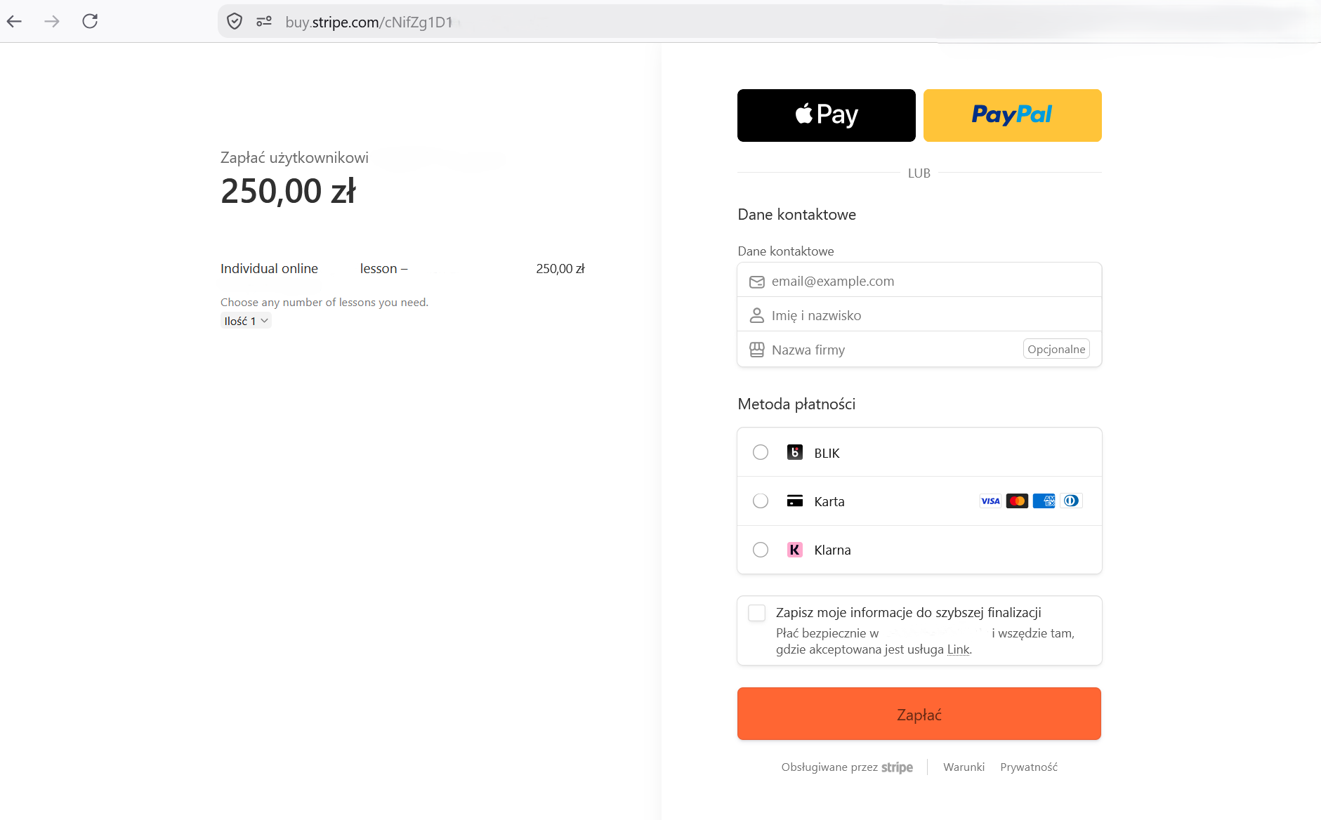 Gotowa strona płatności Stripe z dostępnymi metodami płatności