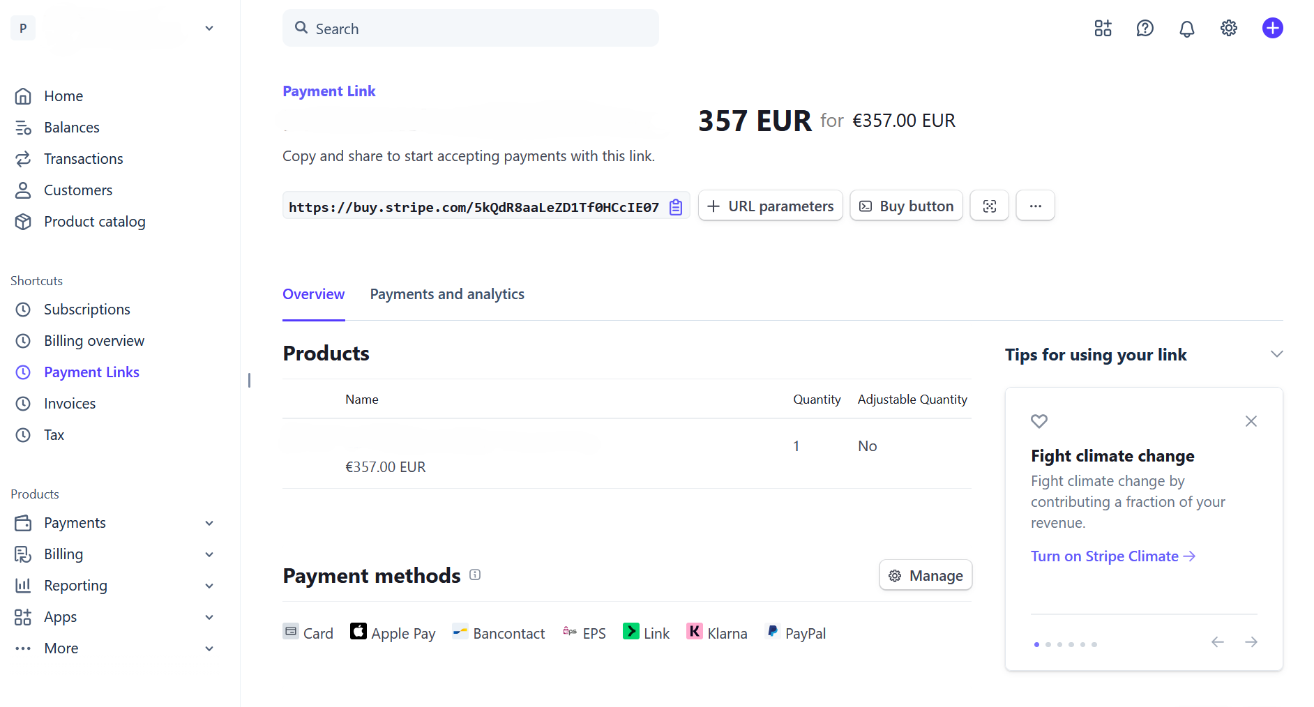 Gotowy Payment Link w Stripe z adresem do skopiowania