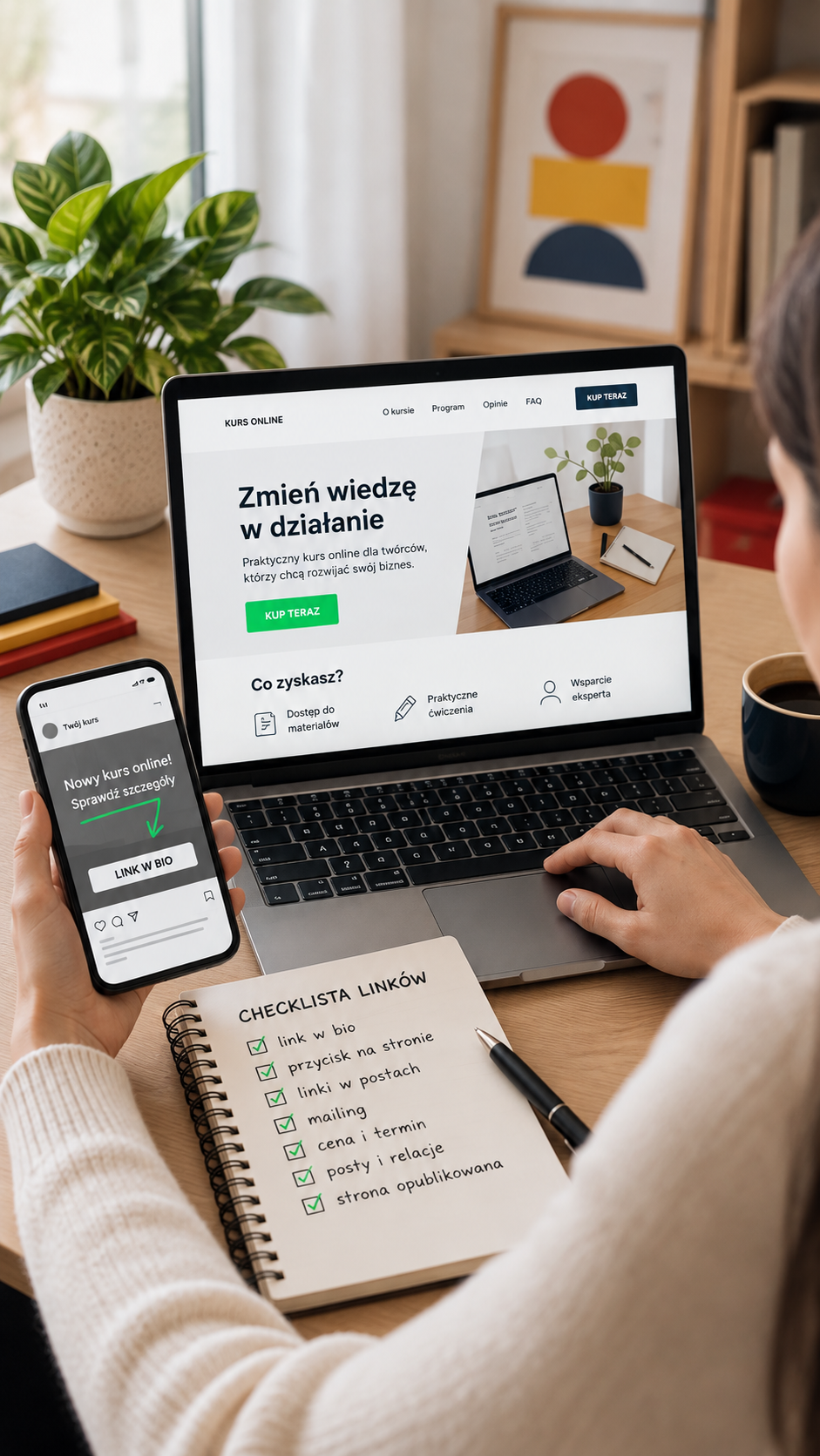 Kobieta sprawdza linki prowadzące do strony sprzedażowej kursu online na laptopie i telefonie.