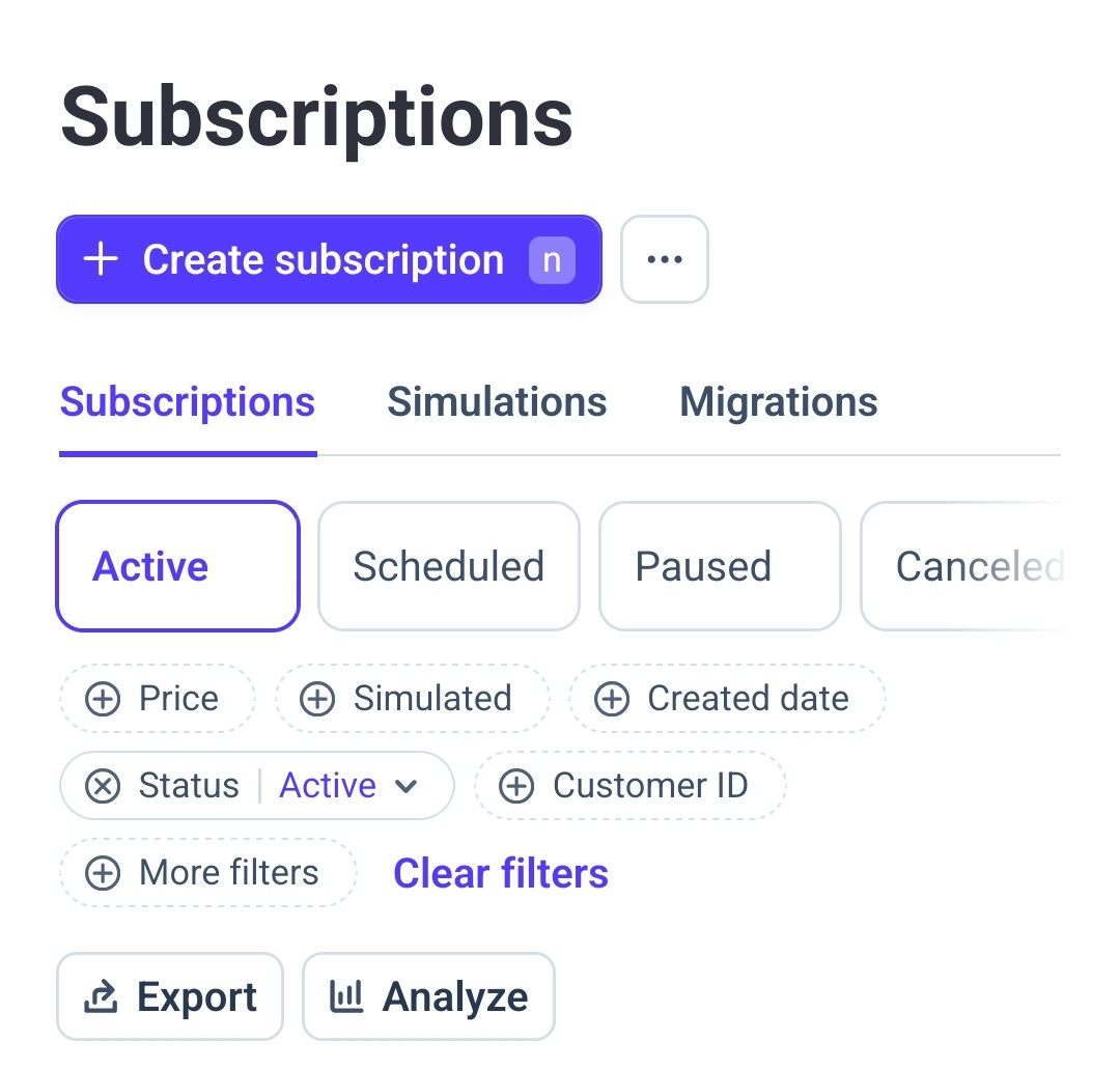 Sekcja Subscriptions w Stripe z przyciskiem Create subscription i listą istniejących subskrypcji.