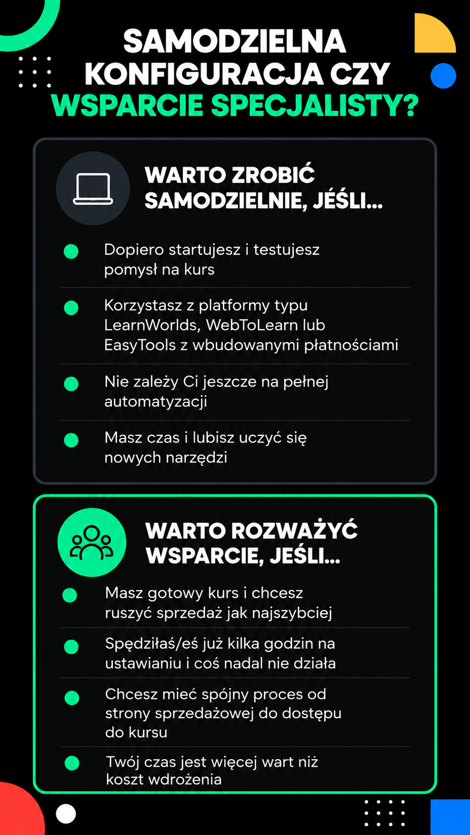 Samodzielna konfiguracja czy wsparcie specjalisty przy sprzedaży kursu online – kiedy zrobić to samemu, a kiedy zlecić