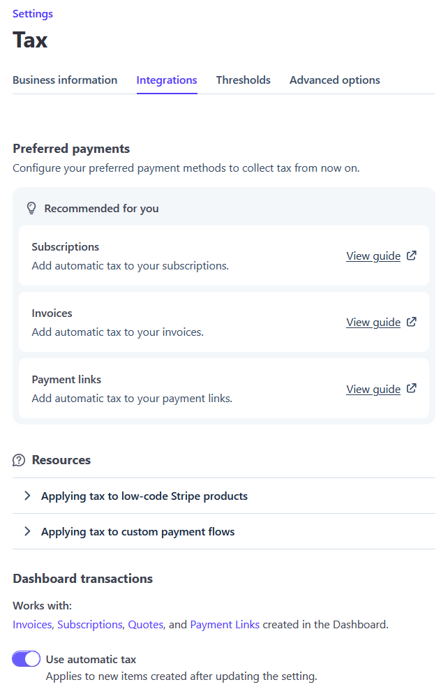 Stripe - settings - tax