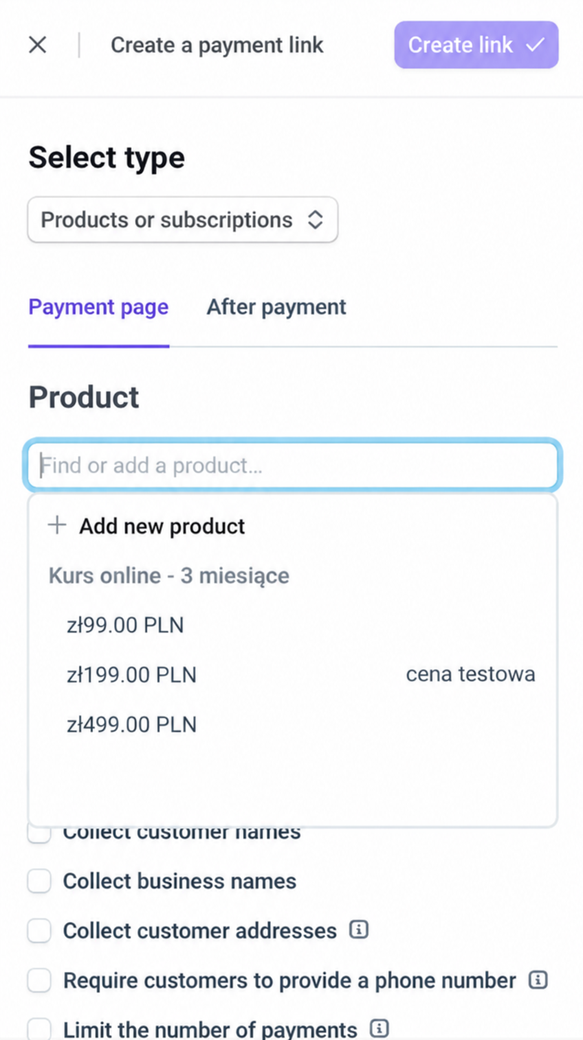 Utworzenie Payment Link w Stripe