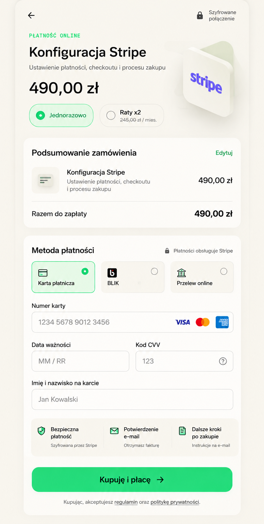 Konfiguracja Stripe – checkout z płatnością jednorazową, ratami i metodami płatności